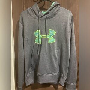 MENS LARGE UNDER AMOUR HOODIE. GRAY IN COLOR WITH GREEN EMBLEM ON FRONT. EUC